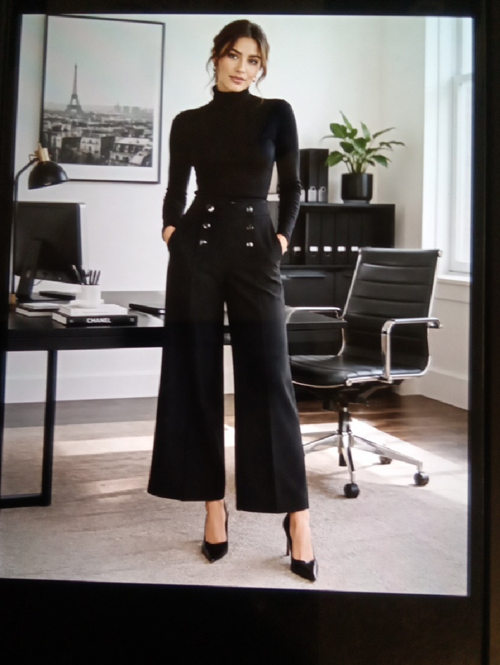 Karl Lagerfeld Black Wide-Leg High-Rise Trousers Sailor Button Expose Office Sz2